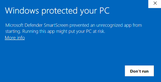 Windows SmartScreen notice with a More info link